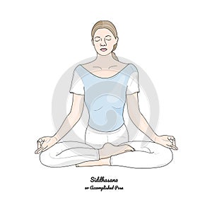 Siddhasana or Accomplished Pose with Chin Mudra. Yoga Practice. Vector photo