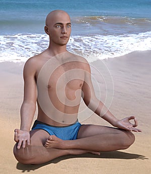 Siddhasana pose bald man beach photo