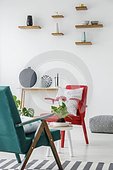 Side angle of green and red armchairs set in a living room inter