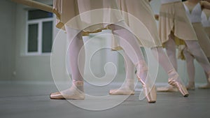 Side angle view row of unrecognizable slim graceful ballerinas performing tendu simultaneously at barre indoors. Female