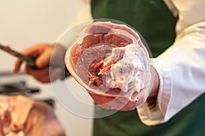 Side of bacon prior to being chopped up as part of the butchery demonstration at Callow Farm