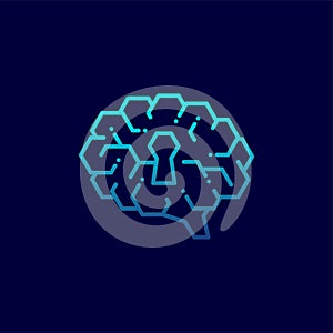 Side Brain logo icon with keyhole symbol, Secrets of the mind concept design illustration blue gradients color isolated on dark