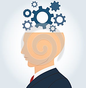 Side businessman head with gears icon vector.