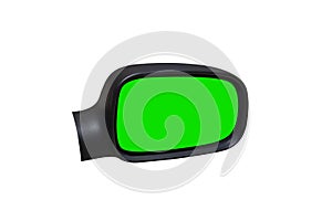 Side car mirror with a green screen in the middle, isolated on a white background with a clipping path.