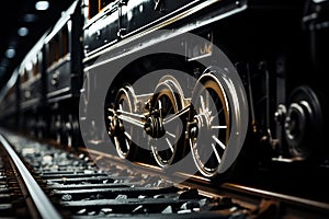 Side close-up shot of train wheels in black_andwhite style generative AI