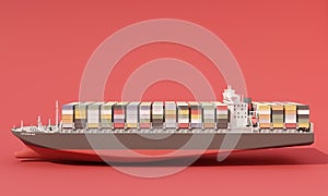 Side elevation of cargo ship full of containers on red background.