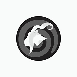 Side face angora goat with long horn isolated on black circle - goat, sheep, lamb logo emblem or button icon silhouette - mammal,