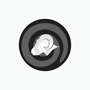 Side face sheep isolated on black circle - goat, sheep, lamb logo emblem or button icon silhouette - mammal, animal vector icon