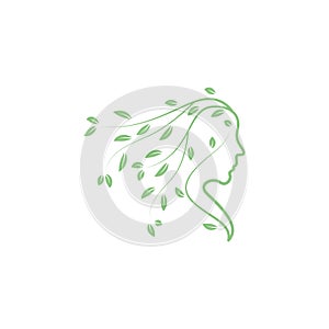 Side face woman with leaf vines logo symbol icon vector graphic design illustration idea creative
