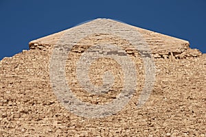 Side and faced top of  Pyramid of Khafre also read as Khafra, Khefren or of Chephren is the second-tallest and second-largest of photo