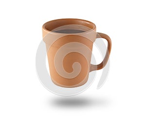 side of floating brown beige baked clay coffee cup with shadow isolated on white background