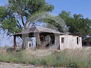 Dilapidated structure at Glenrio ghost town, one of western America`s ghost towns photo