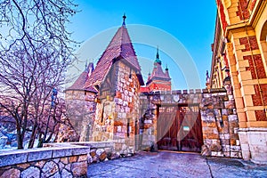 The side gates and the towers of Vajdahunyad Castle, Budapest, Hungary