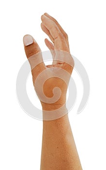 Side hand open and ready to help or receive. Gesture isolated on green background with clipping path. Helping hand outstretched