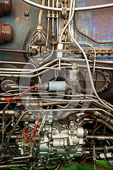 Side view of jet airplane engine close up