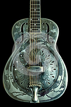 Side Lighting: Vintage Resonator Acoustic Guitar Hawaiian Palm Tree Etching Steel Dobro National photo