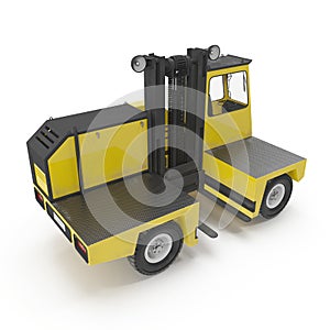 Side Loading Yellow Forklift Truck isolated on white. 3D Illustration