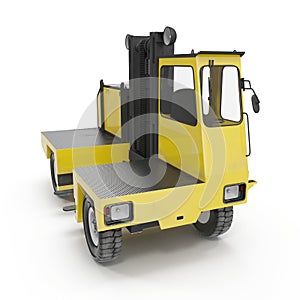 Side Loading Yellow Forklift Truck isolated on white. 3D Illustration