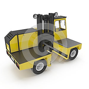 Side Loading Yellow Forklift Truck isolated on white. 3D Illustration