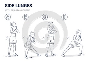 Side Lunges with Resistance Band Female Exercise Guide Black and White Concept.