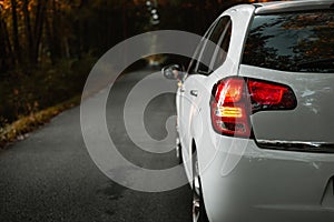 Side mirror turn signal blinker. Turn indicator on the mirror left and white car on the road in autumn dark forest.