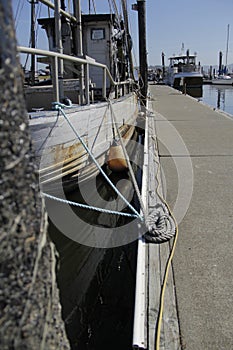 Side of old Wood Pannel Boat Docked