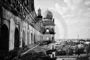 The side part of gol gumbaz monument.The black and white view of the tomb