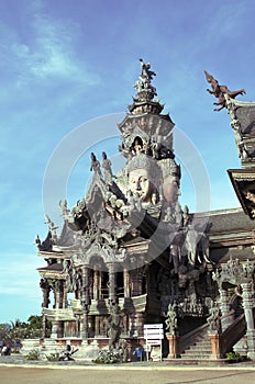 Side part of wooden buddhist temple Sanctuary of Truth in Pattaya