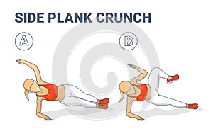 Side Plank Crunch Home Workout Exercise Girl Silhouette Colorful Concept Illustration