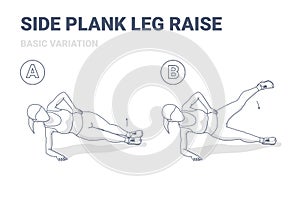 Side Plank Leg Raise Female Home Workout High-Intensity Exercise Guide Illustration. Woman Working on Her Legs and Abs.