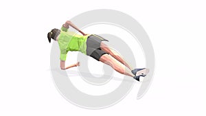 Side Plank Up&Down Woman exercise animation 3d model on a white background in the Yellow t-shirt. Low Poly Style