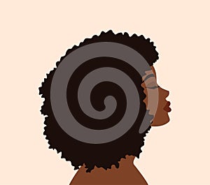 Side portrait of a beautiful African or African-American woman with curly hair and closed eyes. Flat vector illustration