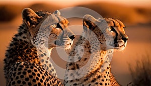 Side portrait of two cheetahs at sunset in the African savanna created with generative ai technology