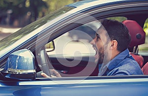 Side profile angry driver. Negative emotions face expression