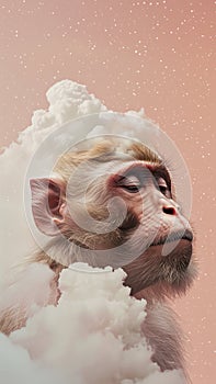 A side profile of a contemplative dreamy monkey with its head emerging from clouds against a starry pastel pink sky unity with the