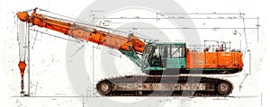 Side profile illustration of a crane with detailed technical specifications