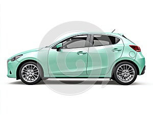 Side Profile of a Teal Compact Hatchback Car