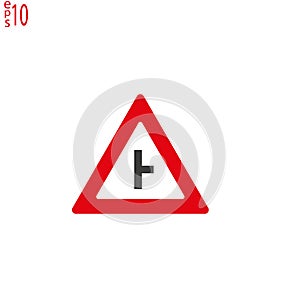 Side road junction on left, traffic sign, vector illustration. Left turn sign on white background