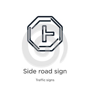 Side road sign icon. Thin linear side road sign outline icon isolated on white background from traffic signs collection. Line