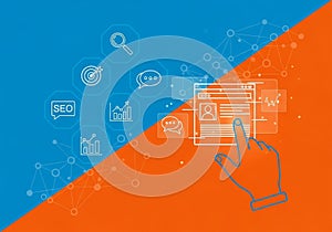 Side shows a hand icon interacting with a digital interface,