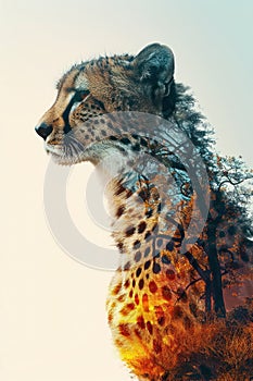 side silhouette of a cheetah seamlessly intertwined with the majestic African savannah