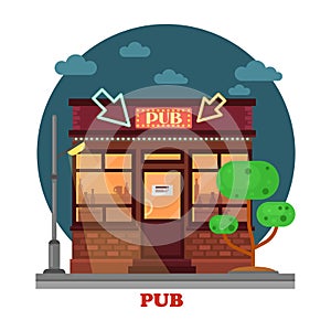 Side street view on night pub with aclohol
