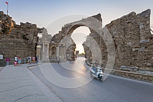 Road at the Vespasian gate to the ancient city of Side, Turkey.