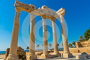 SIDE, TURKEY: Ruins of the Temple of Apollo in Side in a beautiful summer day.