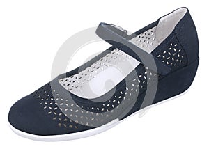 Side upper view of dark blue and white perforated women suede sh