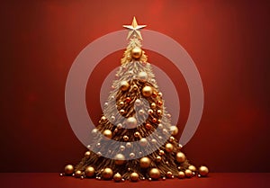 Side view of 3D Christmas tree with gold baubles on red background.Christmas banner with space for your own content