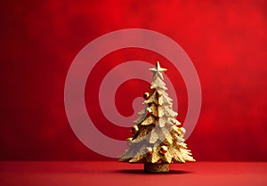 Side view of 3D Christmas tree with gold baubles on the right on red background.Christmas banner with space for your own content