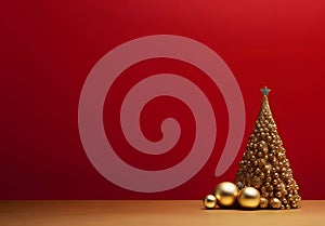 Side view of 3D Christmas tree with gold baubles on the right on red background.Christmas banner with space for your own content