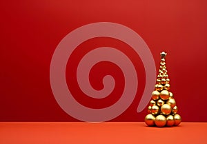 Side view of 3D Christmas tree with gold baubles on the right on red background.Christmas banner with space for your own content