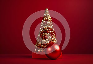 Side view of 3D Christmas tree with gold and red baubles on red background.Christmas banner with space for your own content